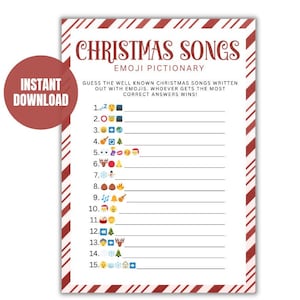 Può includere: Un gioco di Natale stampabile con uno sfondo a strisce rosse e bianche a forma di bastoncino di zucchero. Il gioco si chiama "Christmas Songs Emoji Pictionary". I giocatori devono indovinare le canzoni di Natale ben note scritte con emoji. Le prime 15 canzoni sono elencate con le loro emoji corrispondenti.