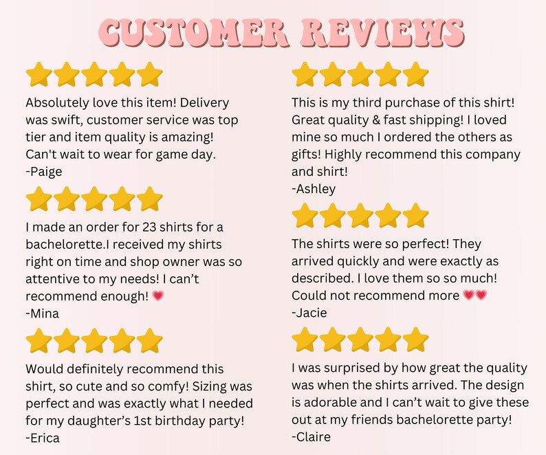 Puede incluir: Un fondo rosa con el texto "CUSTOMER REVIEWS" en una fuente decorativa. Debajo, se muestran testimonios de clientes con valoraciones por estrellas, elogiando la calidad, el env&iacute;o y el servicio de un producto. Las rese&ntilde;as son de Paige, Ashley, Mina, Jacie, Erica y Claire.