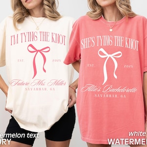 Custom Bachelorette Party Shirts Coquette Bow Bachelorette Shes Tying the Knot Bachelorette Custom Girly Bridal Party Shirts Comfort Colors
