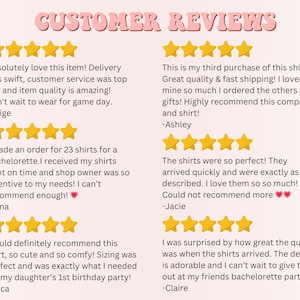 May include: Five customer reviews with five-star ratings for a product. The reviews highlight the quality, speed of delivery, and customer service. The reviews are written by Paige, Mina, Ashley, Jacie, and Claire.