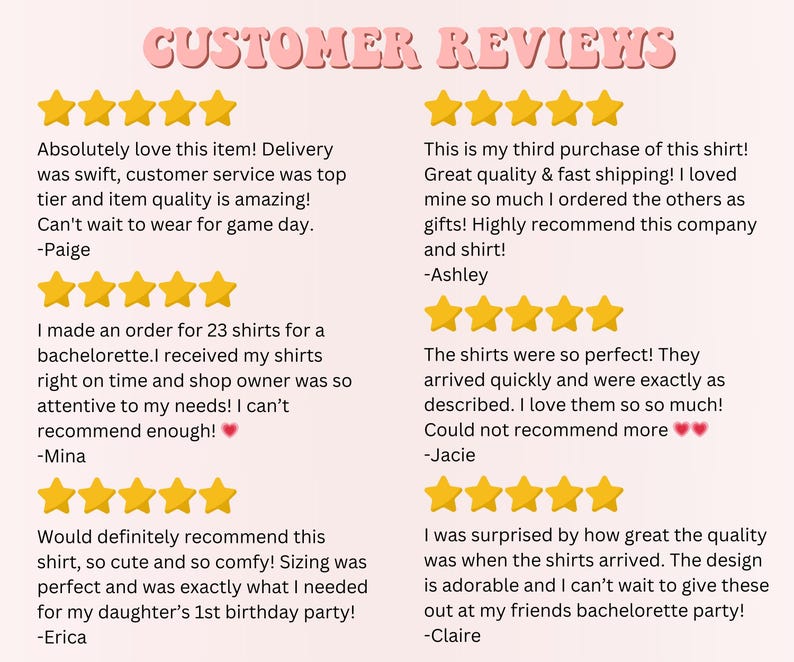 May include: Five customer reviews with five-star ratings for a product. The reviews highlight the quality, speed of delivery, and customer service. The reviews are written by Paige, Mina, Ashley, Jacie, and Claire.