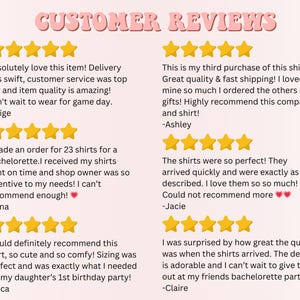 May include: A pink background with the text "CUSTOMER REVIEWS" in a decorative font. Below, customer testimonials are displayed with star ratings, praising the quality, shipping, and service of a product. The reviews are from Paige, Ashley, Mina, Jacie, Erica, and Claire.