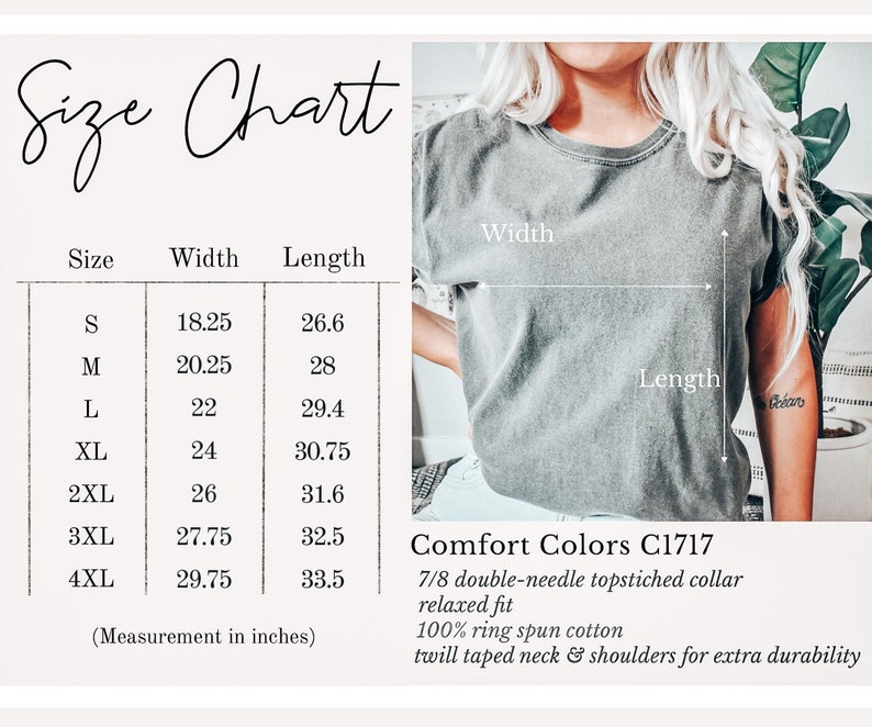 Op de afbeelding: Maattabel voor een T-shirt met afmetingen in inches voor maten S tot en met 4XL. De tabel toont de breedte- en lengtemaat voor elke maat. Het T-shirt wordt beschreven als 7/8 dubbelnaalds gestikt kraag, ontspannen pasvorm, 100% ringgesponnen katoen, keperband aan hals en schouders voor extra duurzaamheid. Comfort Colors C1717.
