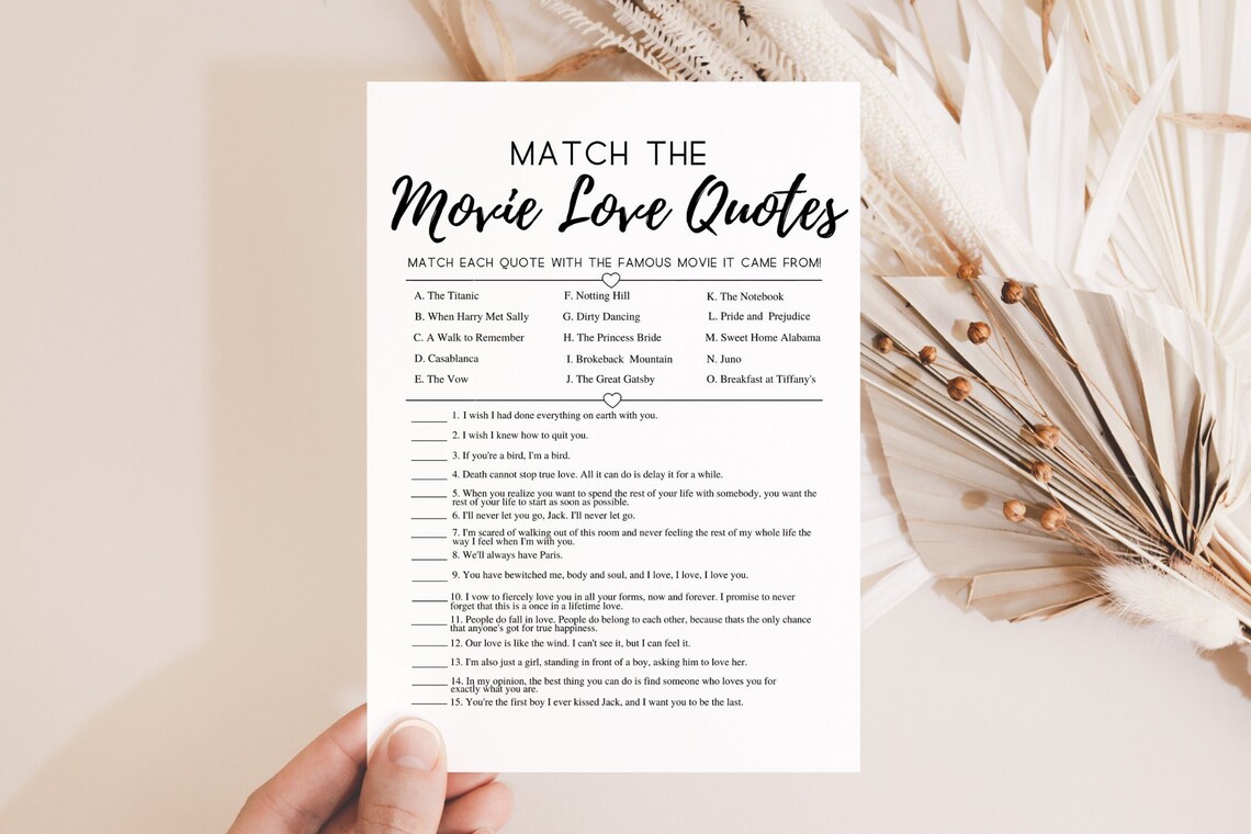 Modern Movie Love Quotes Game Bridal Shower Game Printable Etsy