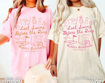 Custom Golf Bachelorette Party Shirts Last Swing Before the Ring Bach Coquette Bow Golf Bachelorette Party Tee Comfort Colors
