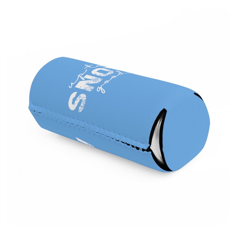 May include: A light blue can cooler with the text "Snow" in white lettering. The cooler is made of neoprene and has a black zipper.