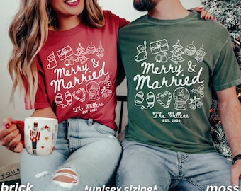 kundenspezifische Paare-Weihnachtshemden, frohe und verheiratet, erste Weihnachten als Herr und Frau, kundenspezifisches Geschenk für Brautpaare, Komfortfarben