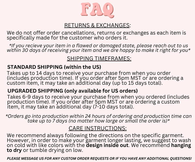 Op de afbeelding: Een roze en wit document met het woord "FAQ" bovenaan. Het document bevat informatie over retourneren, ruilen, verzendtijden en wasvoorschriften voor kleding. De tekst is in zwarte letters.