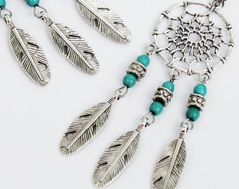 Turquoise gemstone with silver feathers dreamcatcher earrings Tribal Inspired Large Dangle boho