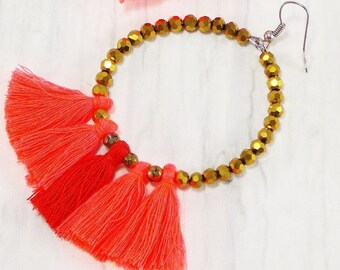 Golden Hoop Beaded Earrings with orange tassels Boho Large Hoop Earrings Unique gifts For Her