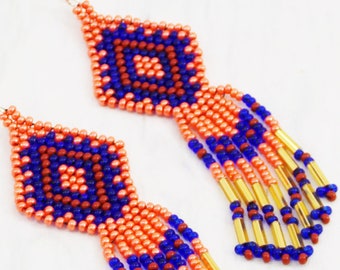 Native style earring with seed bead fringes Fall autumn earrings Native beaded cultural earrings Bohemian Festive western jewelry geometric