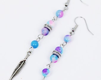 Unique Tay day Blue feather earrings Native Tribal silver tone charm Sword Tail Lightweight Festival gypsy