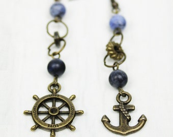 Nautical anchor and steering wheel mismatching earrings Asymmetrical Dangle wanderlust jewelry Pleasure vacation