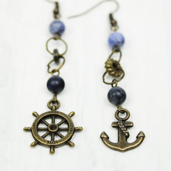 Nautical anchor and steering wheel mismatching earrings Asymmetrical Dangle wanderlust jewelry Pleasure vacation