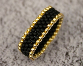 Black and gold ring Middle finger ring Gold bohemian ring Seed bead jewelry Size Black thumb ring women 5 6 7 8 9 10 11 12 13  an 1/2 US