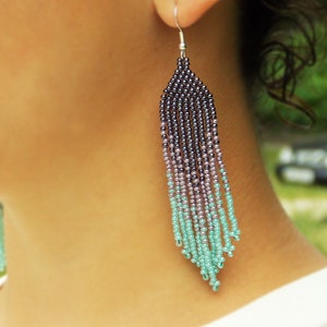 Gift for women beaded jewelry fringe earrings ombre jewelry statement earrings purple earrings beaded earrings Long earrings boho jewelry image 2