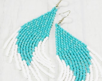 Semilla abalorios de cuentas turquesa con cuentas Grandes pendientes de flecos con cuentas Big boho