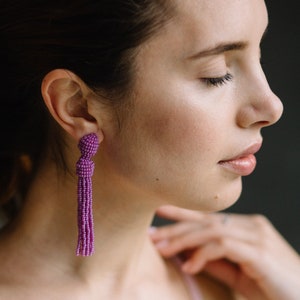 Pink tassel long magenta clip on for prom or evening Hot dark pink earrings Fuchsia bright statement Non Pierced dangle comfortable 5 inch image 1
