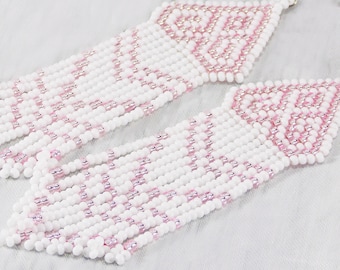 White bead earrings with pink patterned tassel Bohemian style Women best gifts Choose your hooks