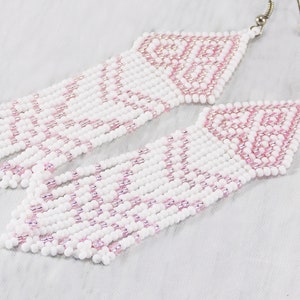 White bead earrings with pink patterned tassel Bohemian style Women best gifts Choose your hooks image 1