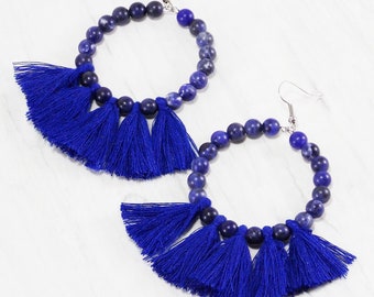 HANDMADE Blue agate hoop earrings with cotton tassels Natural gemstone jewelry for women Dangle statement earrings