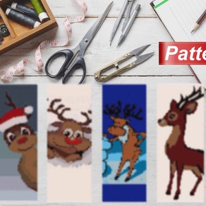May include: A collection of four Christmas-themed bookmark designs featuring reindeer illustrations. The bookmarks are displayed on a white wooden surface, alongside sewing supplies and scissors. The word "Pattern" is displayed in a red banner.