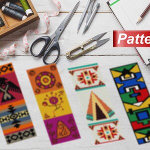 May include: Four colorful beaded bookmark patterns with geometric and Native American inspired designs. The patterns are on a white wooden surface with sewing supplies, including thread, scissors, and a measuring tape. The text "Pattern" is on a red label.