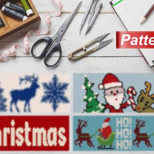 May include: A Christmas cross-stitch pattern featuring a reindeer, a snowflake, a Christmas tree, and the word "Christmas". The pattern is in red, white and blue.