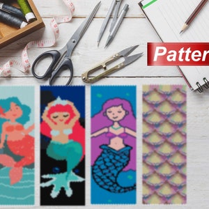 May include: Four different mermaid-themed bookmark patterns. The patterns include a mermaid with red hair and a tail, a mermaid with green hair and a tail, a mermaid with purple hair and a tail, and a pattern of scales.
