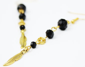 Golden black earrings with small metal feather Tiny cascade dangle lightweight Best Women gifts