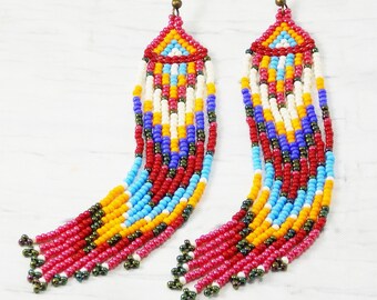 Super extra long beaded earrings Dangle drop beading statement earrings Shoulder duster tassel earrings Native ethnic multi color rainbow