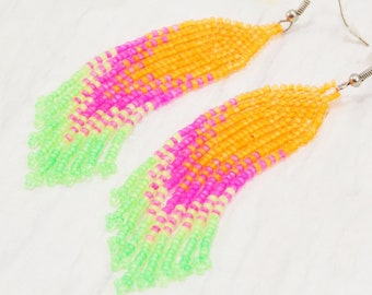 80s neon earrings glass Fun summer neon tassel earrings Neon fringe earrings pink orange green Bright Colors drop clip on Rockabilly style