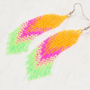 80s neon earrings glass Fun summer neon tassel earrings Neon fringe earrings pink orange green Bright Colors drop clip on Rockabilly style