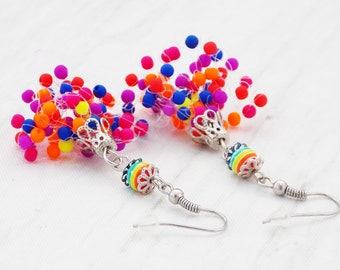 Neon earrings women Rainbow bead earrings Statement gay pride rainbow jewelry Bright summer lgbt pride earrings Confetti multistrand fun
