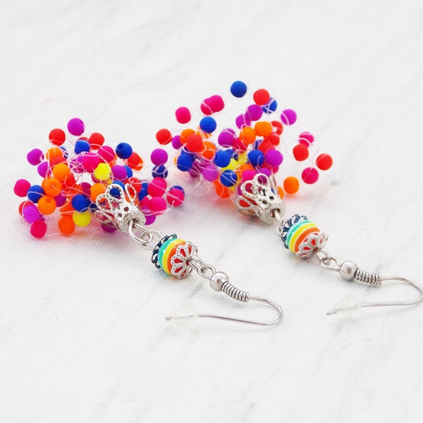 Neon earrings women Rainbow bead earrings Statement gay pride rainbow jewelry Bright summer lgbt pride earrings Confetti multistrand fun