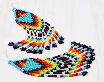 Native beaded earrings inspired turquoise and black tribal fringe Ethnic Southwest Beautiful women gift