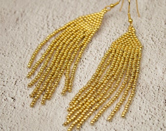 Golden earrings dangle Evening earrings Golden tassels Chic earrings drop Sparkling seed bead earrings Stainless steel