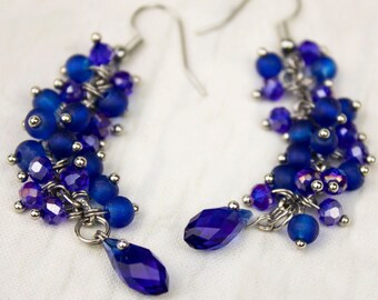 Dark blue earrings with glass beads and crystal Bead cluster earrings Shades of blue Smokey blue drops Formal style