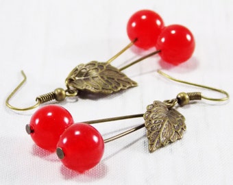 Red cherry earrings jade leaf Red ball earrings Rockabilly festival Red berry earrings Lolita girls jewelry Red jade earrings fruit Food