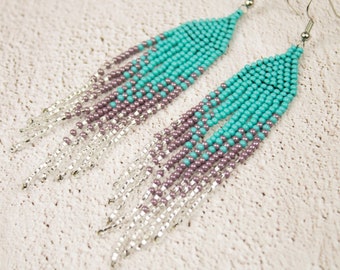 Turquoise silver ombre earrings Chic prom tassels Three layer tassels blue pastel earrings Mermaid women earrings Long waterfall earrings