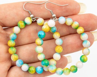 Tie dye earrings Agate gemstone Colorful hoops Paint splatter Stainless Steel 45mm hoops