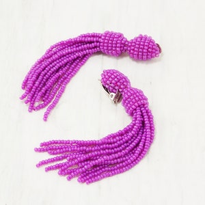 Pink tassel long magenta clip on for prom or evening Hot dark pink earrings Fuchsia bright statement Non Pierced dangle comfortable 5 inch image 2