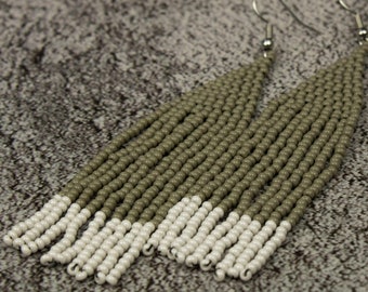 Gray bead earrings Earthy boho dangle earrings Long ethnic earrings Beaded dangle earrings