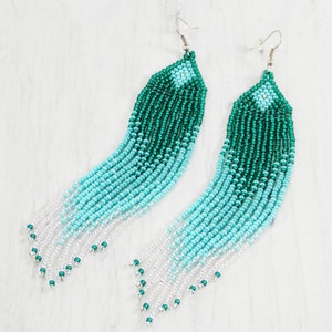 Statement gift ideas for wife birthday women Blue patina earrings Gradient statement boho tassel earrings Nautical mermaid pierced sea wave