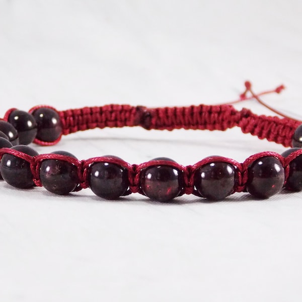 Gift for him red garnet bracelet men natural garnet jewelry gemstone bracelets January birthstone bracelet pulsera Macrame bracelet homme