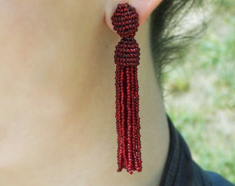 Red sparkly earrings Red holiday earrings Red glitter earrings Red Bead Tassel Fringe Drop Earrings Statement tassel Burgundy earrings stud