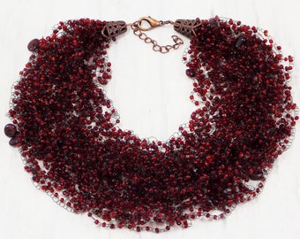 Garnet necklace night out valentine Pomegranate jewelry Ruby multi strand dark red necklace Trellis necklace Genuine birthstone red gem wine