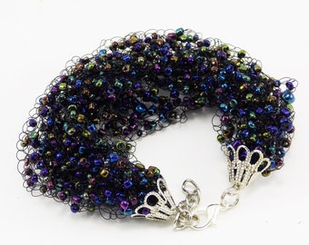 Peacock bracelet for her Iridescent bracelet Made of honor gift Navy blue bracelet Peacock jewelry oversized bracelet Peacock tails bronze