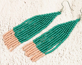 Emerald green beaded earrings Sparkling Long Fringe earrings Green long earrings Luxury bead woven earrings Green beige earrings women