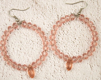 Pink hoop earrings Stainless steel Faceted Glass Bead Crystal Drop Earrings Natural stone hoops Sorority earrings for ladies